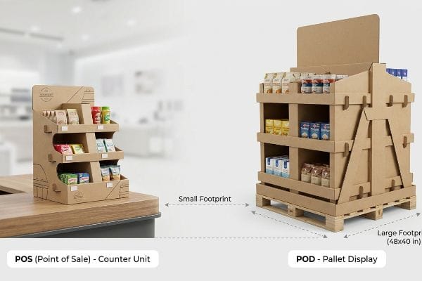 Brown corrugated cardboard retail displays, featuring a POS (Point of Sale) counter unit with a small footprint and a POD (Pallet Display) with a large 48x40 inch footprint, both stocked with various packaged goods.