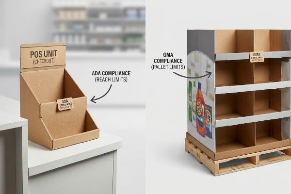 Brown cardboard POS checkout display and palletized POP floor display, detailing ADA reach and GMA pallet compliance.