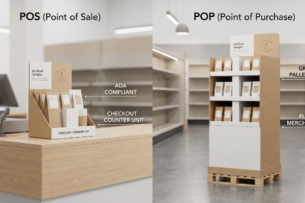 Kraft paper POS checkout counter unit and POP floor merchandiser on a pallet, highlighting Ada Compliant design for product samples.