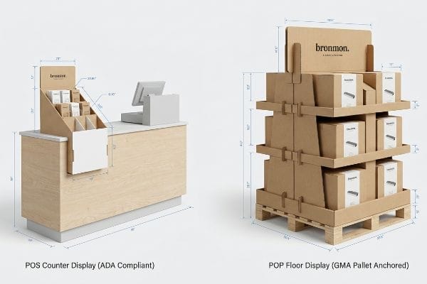 Bronmon. POS Counter Display (ADA Compliant) and POP Floor Display (GMA Pallet Anchored) in kraft cardboard.