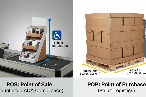 Countertop Point of Sale (POS) display with 15-48 inch ADA compliance, alongside a palletized Point of Purchase (POP) display with 48x40 inch logistics dimensions.
