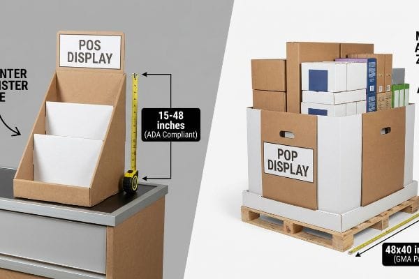 Cardboard POS Display (15-48 inches, ADA compliant) on counter, contrasted with large POP Display on 48x40 inch GMA Pallet.