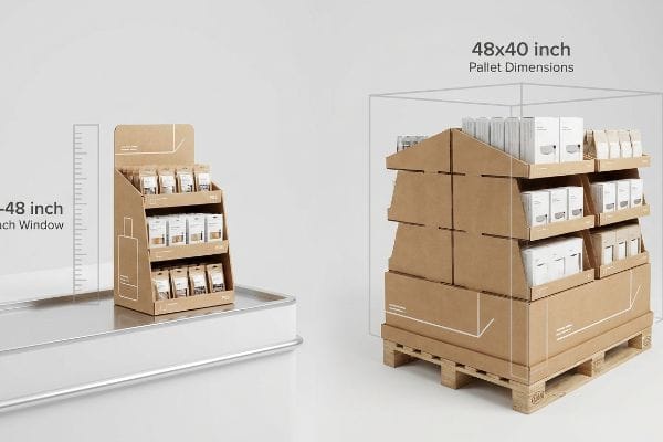 Natural cardboard POS display with 15-48 inch Reach Window and POP floor display on a pallet with 48x40 inch Pallet Dimensions.