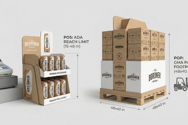 Kraft cardboard POS display for Beyroner cans, showing ADA Reach Limit (15-48 in), alongside a Bordner POP pallet display with GMA Pallet Footprint (48x40 in).
