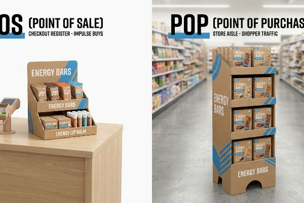 Showcasing POS and POP displays, a compact Energy Bars checkout counter unit contrasts with a tall Energy Bars store aisle merchandiser.