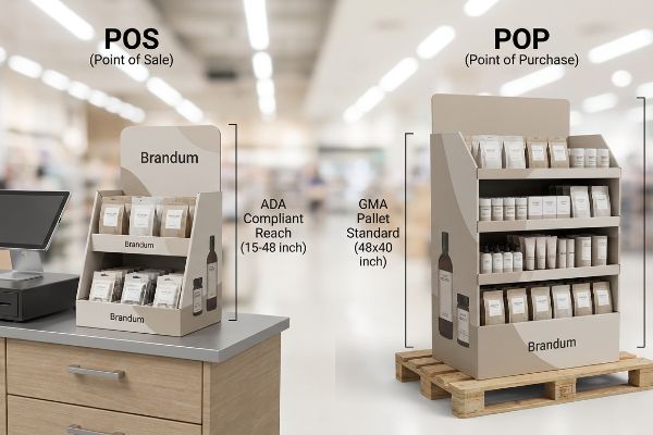 Brandum POS counter display with ADA Compliant Reach and POP floor display on GMA Pallet Standard, showcasing retail products.