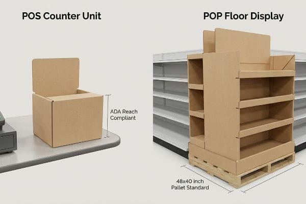 Corrugated cardboard POS Counter Unit (ADA Reach Compliant) and POP Floor Display (48x40 Inch Pallet Standard).