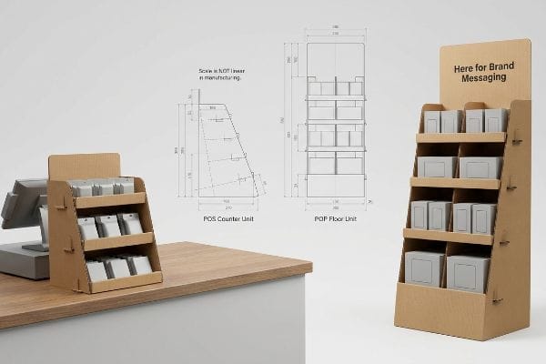 POS POP Display Scaling Corrugated cardboard POS counter unit and POP floor unit with product boxes, technical drawings, emphasizing 'Scale is Not Linear in Manufacturing'.