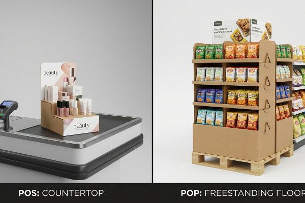 Beauty POS countertop display with cosmetics next to a cardboard POP freestanding floor display of Doritos and Lay's snacks.