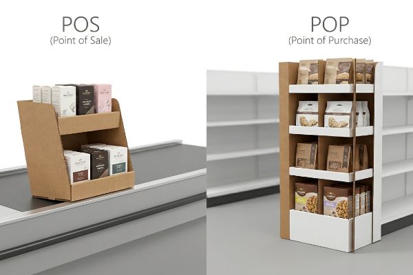 Two-tiered corrugated POS (Point of Sale) display on a checkout counter with small boxes, contrasted with a multi-tiered POP (Point of Purchase) floor merchandiser in a retail aisle.