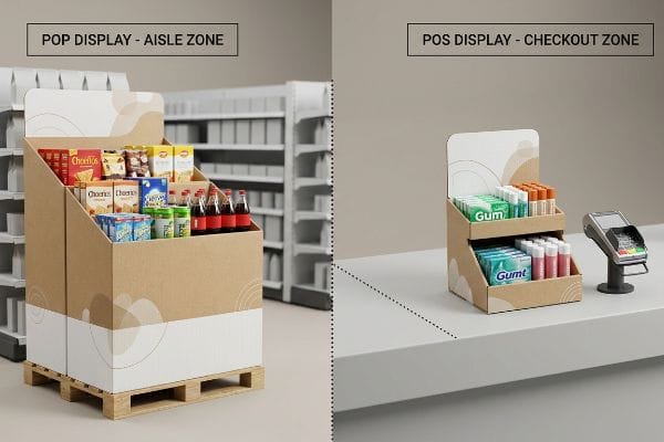 Corrugated kraft cardboard displays differentiate a large Pop Display - Aisle Zone on a pallet from a smaller Pos Display - Checkout Zone with gum and a payment terminal.