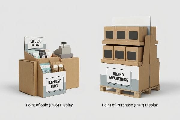 Kraft cardboard Point of Sale (POS) display for Impulse Buys and a larger Point of Purchase (POP) display for Brand Awareness.