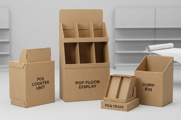 Plain brown cardboard displays featuring a Pos Counter Unit, Pop Floor Display, Pdq Trays, and a Dump Bin for retail merchandising.