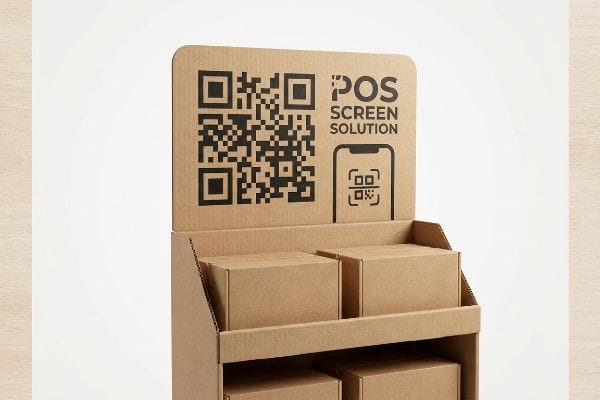 Présentoir de point de vente en carton ondulé kraft comportant un grand code QR et la marque « POS Screen Solution », avec des boîtes de produits brunes.