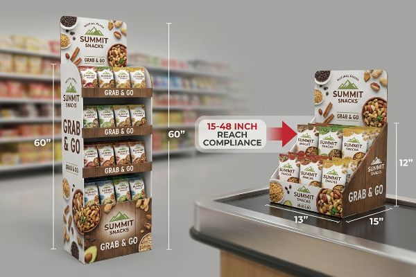 Summit Snacks 60-inch floor display and 12-inch countertop unit, showing 15-48 Inch Reach Compliance for Grab & Go snacks.