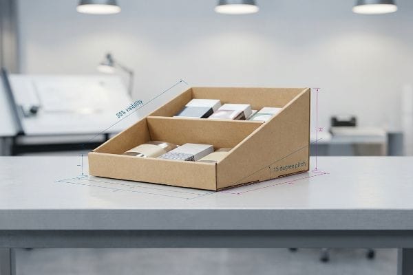 A brown corrugated cardboard POS display tray with two tiers holding various product boxes, featuring 85% visibility and a 15-degree pitch for retail engagement.