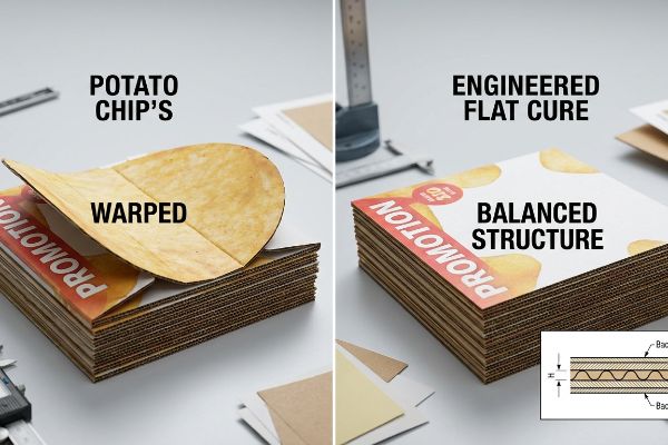 Corrugated board comparison: a Warped Potato Chip effect from imbalanced litho-lamination vs. an Engineered Flat Cure with a Balanced Structure, featuring 'Promotion' graphics.