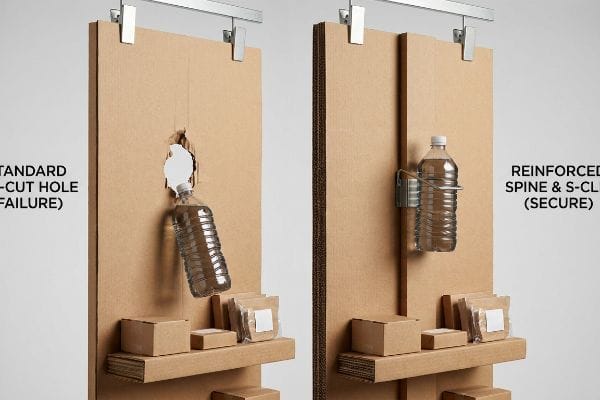 Corrugated power panel comparison: Standard Die-Cut Hole (Failure) vs. Reinforced Spine & S-Clip (Secure).