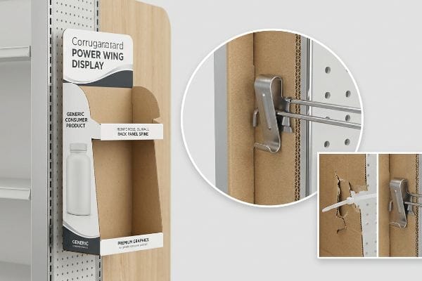 A corrugated cardboard Corrugardard Power Wing Display attached to a pegboard with a metal universal S-clip bracket, highlighting its Reinforced Blank Back Panel Spine and a Generic Consumer Product.