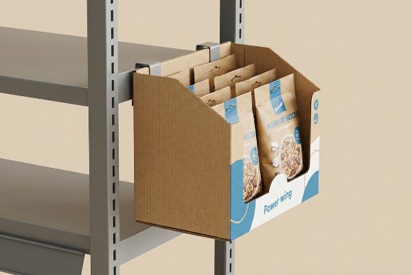 Attached to a gray metal shelving unit, a cardboard power wing display showcases multiple pouches of Lantana Brown Rice Crocs.