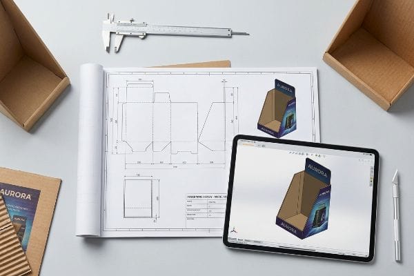 Designing a custom Aurora Power Wing Display - Model 123, with blueprint dieline, 3D CAD rendering on a tablet, and caliper for structural engineering.