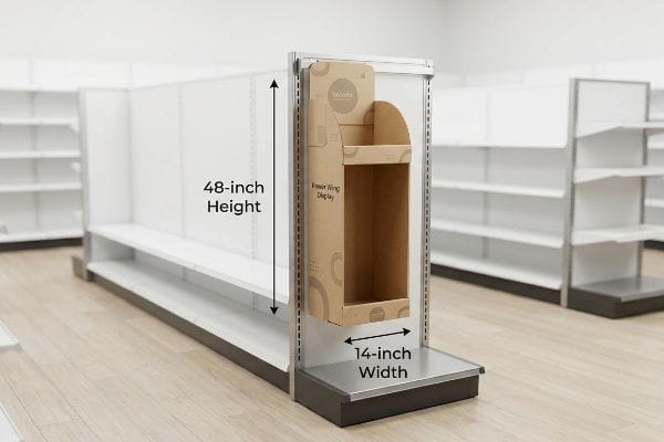 A Revitalize corrugated Power Wing Display, 48-inch height and 14-inch width, attached to a retail gondola.