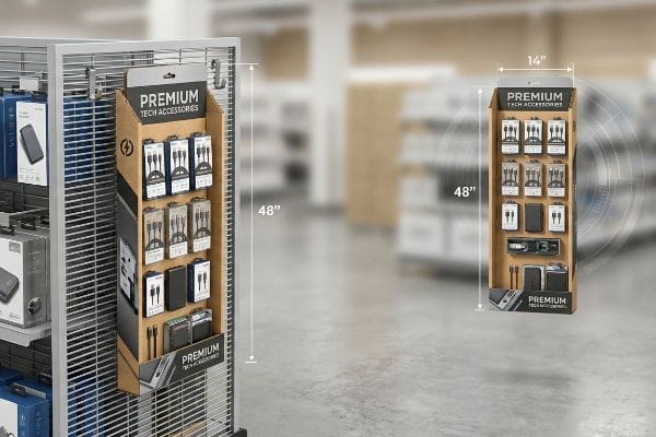 Corrugated power wing display, 48x14 inches, featuring Premium Tech Accessories on a retail wire rack with S-clips.