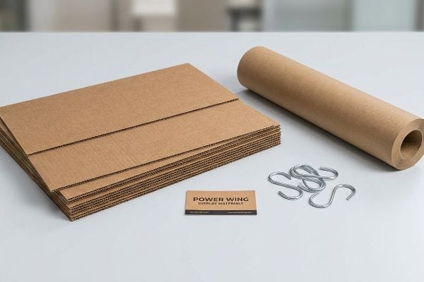 Arrangement of Power Wing Display Materials: micro-fluted corrugated cardboard, kraft paper roll, and metal S-clips.
