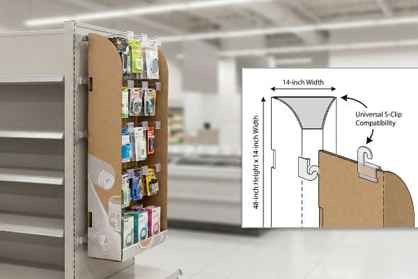 Natural corrugated cardboard power wing display, 48-inch height x 14-inch width, attached to a retail endcap, showing Universal S-Clip Compatibility.