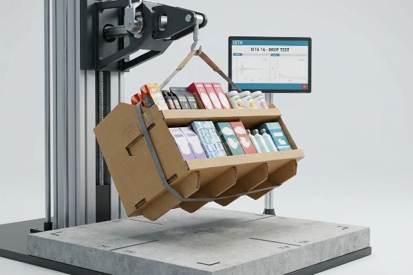 A loaded corrugated power wing display is suspended for an ISTA 1A Drop Test, with results on a monitor.