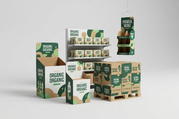 Cardboard retail displays for Organic Organic products, featuring a floor merchandiser, countertop unit, shelf-ready boxes, a Power Wing, and palletized cartons.
