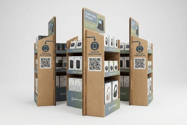 Corrugated power wing displays with 'Scan To Shop Online' QR codes, showcasing boxed electronic accessories and 'Powerwin' branding.