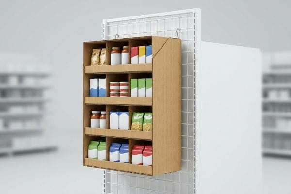 Corrugated cardboard power wing display, or sidekick, mounted with metal S-clips on a white wire gondola endcap, filled with diverse packaged products.