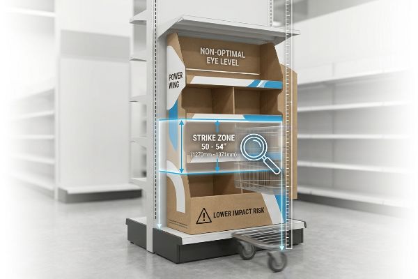 A retail power wing display made of cardboard, illustrating the 50-54 inch (1270-1371mm) Strike Zone for optimal eye-level product placement, with labels for Non-Optimal Eye Level and Lower Impact Risk.