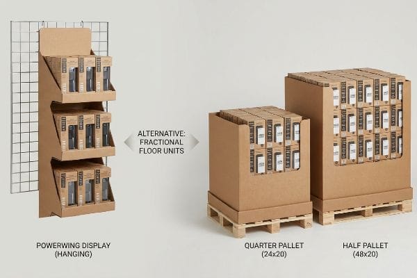 Powerwing Display, Quarter Pallet (24x20), and Half Pallet (48x20) fractional floor units, filled with product boxes.
