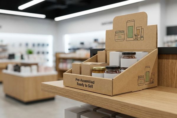 Kraft corrugated PDQ display unit, labeled 'Pre-Assembled Ready to Sell', holding product jars and boxes on a wooden retail shelf.