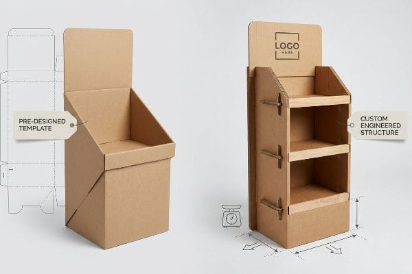 Illustrating the contrast between a Pre-Designed Template cardboard POP display and a Custom Engineered Structure merchandiser with three shelves.