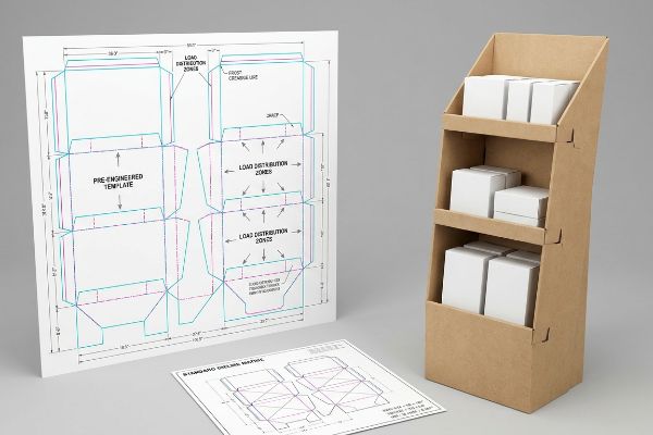 White blueprint of a Pre-Engineered Template dieline with Load Distribution Zones next to a brown cardboard stock display merchandiser.