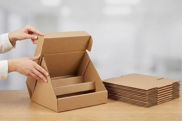 Brown corrugated cardboard display stand being assembled by hands, showing pre-glued modular trays and a stack of flat-packed units.