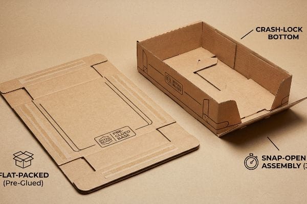 段ボール製のPDQディスプレイ。平らに梱包された接着済みのベースと、組み立て済みのクラッシュロック式底部トレイが示されており、スナップオープンで簡単に開閉できるようになっている。.