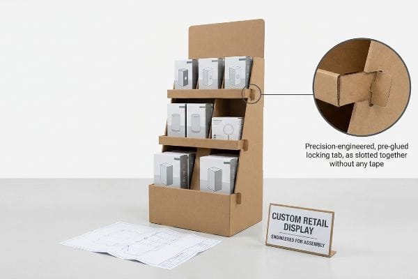 Brown corrugated retail display with a pre-glued locking tab assembly, holding products, blueprints, and a 'Custom Retail Display' sign.