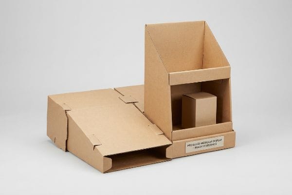 Natural brown corrugated cardboard pre-glued modular display, featuring a sloped base and an upright unit with a small cube, labeled 'Pre-Glued Modular Display - Ready In Seconds'.