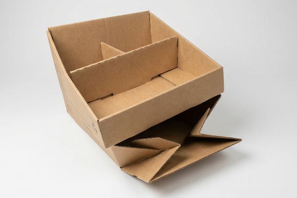 Brown corrugated cardboard PDQ display tray, pre-glued with two compartments, for rapid retail shelf stocking.
