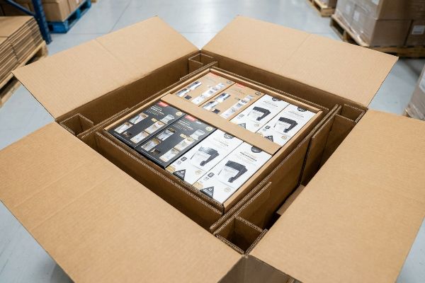 An open corrugated shipping box pre-loaded with Ovalware Pour Over Coffee Maker Professional product boxes, separated by cardboard dividers.