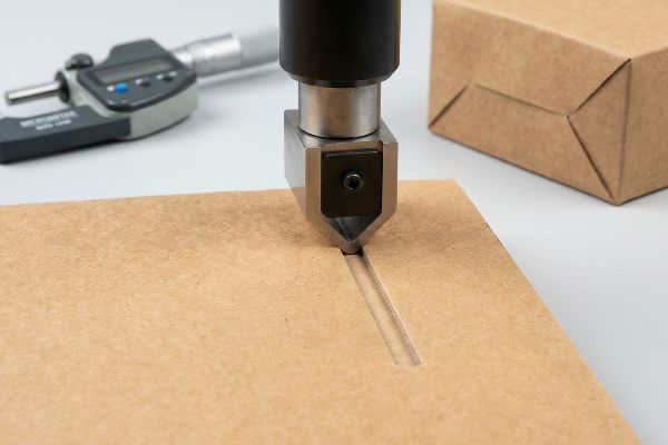 Polymer creasing matrix precisely creasing virgin kraft board, with a digital micrometer nearby.