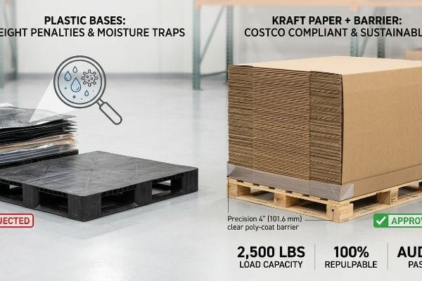 湿気トラップ付きの不合格プラスチックベースと、4インチのポリコートと2,500ポンドの耐荷重を備えた承認済みのクラフト紙＋バリアを比較した。.