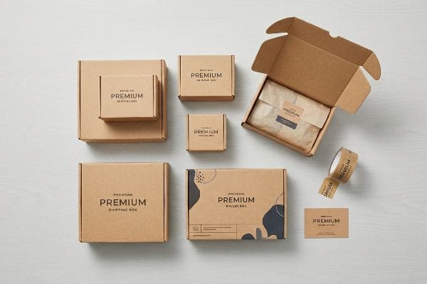 Dispostas sobre uma superfície clara, diversas caixas de papelão marrom para envio e correspondência da marca Premium, fita adesiva e um cartão, ideais para logística terceirizada (3PL).