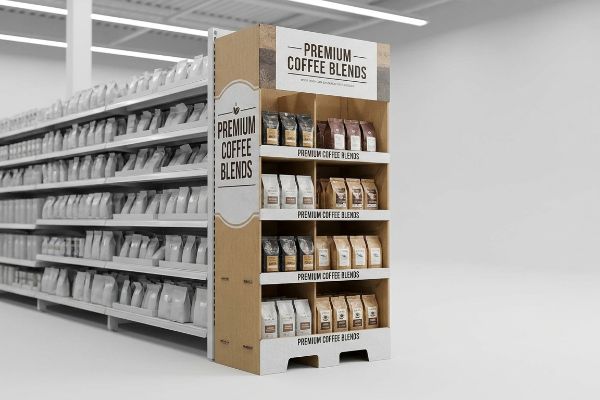 Un rayon de vente au détail présente un présentoir en carton sur pied mettant en valeur différents mélanges de café haut de gamme en sachets.