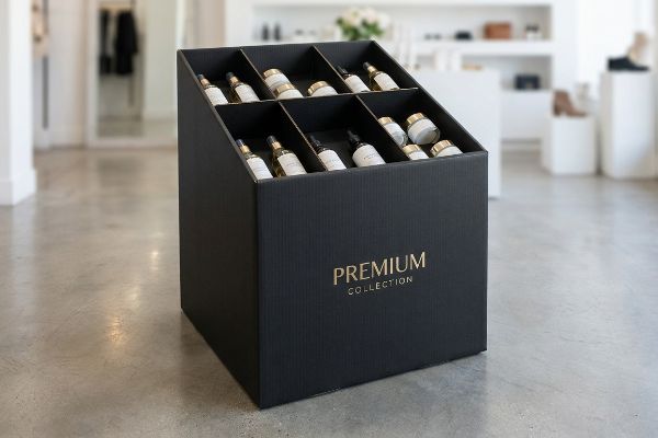 A black display box showcases a Premium Collection of luxury skincare bottles and jars with gold accents in a retail store.