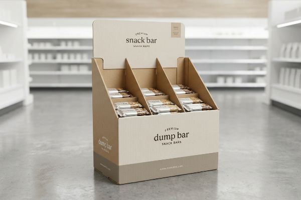 Light brown corrugated cardboard dump bin display for Premium Snack Bar and Premium Dump Bar, featuring internal dividers in a retail aisle.